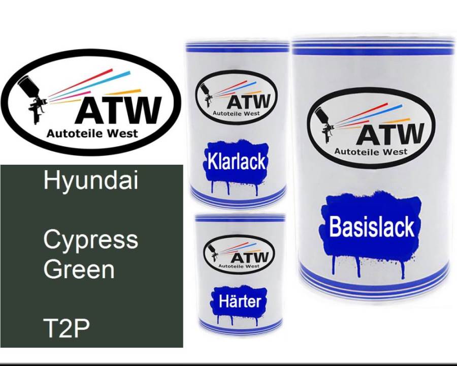 Hyundai, Cypress Green, T2P: 500ml Lackdose + 500ml Klarlack + 250ml Härter - Set, von ATW Autoteile West.